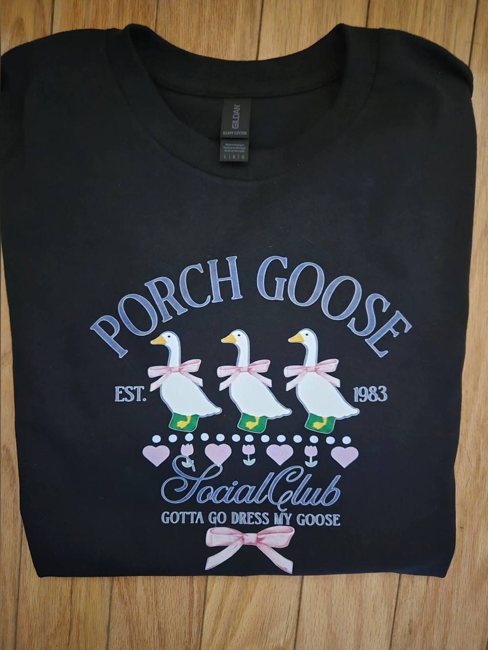 Gildan Black "Porch Goose" Short Sleeve Tee with White, Pink, Green Accents